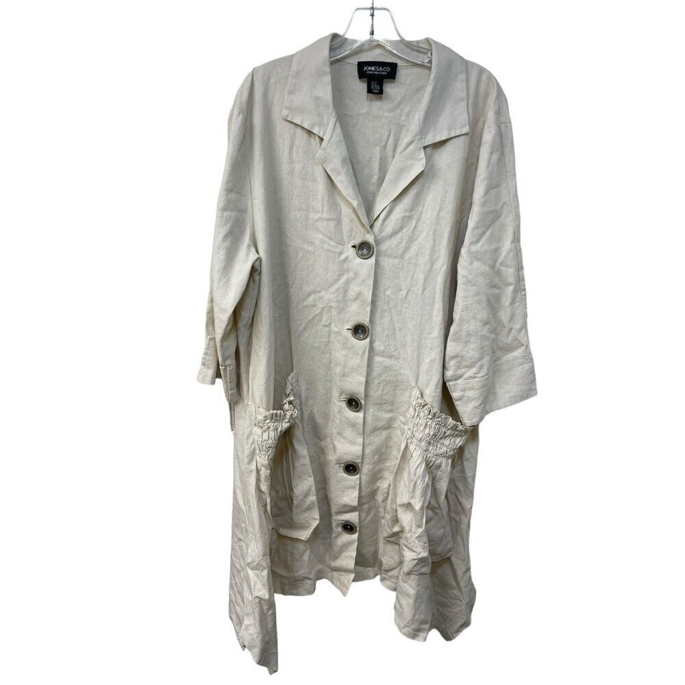 Jones New York Linen Tunic Shirt Dress Ivory Full Button Down Lagenlook 1X Beach